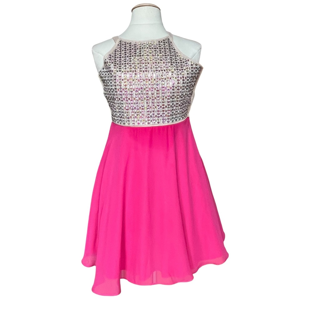 Rare Editions Sequin Halter‎ Neck Party Dress Girls Size 16 Pink Chiffon Skirt